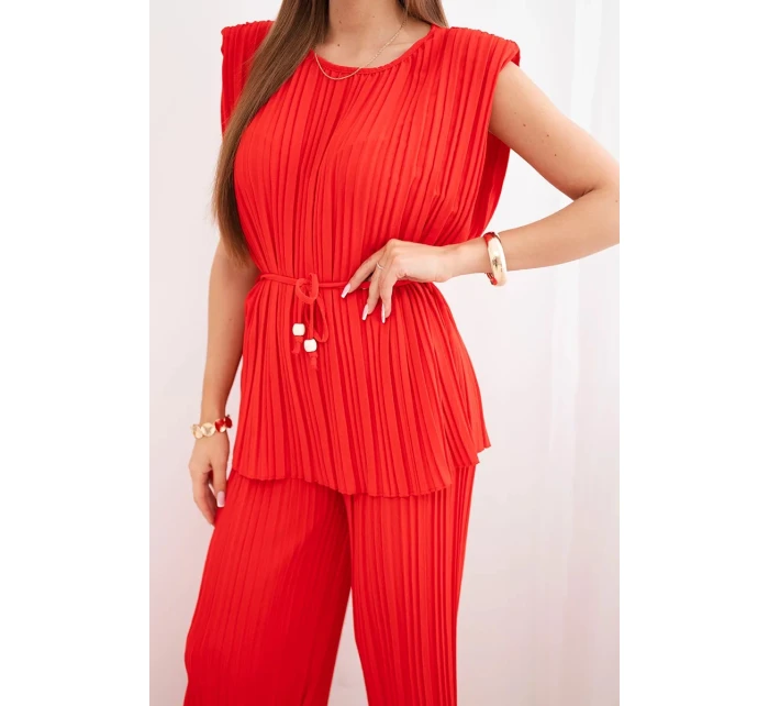Dámský viskózový plisovaný komplet s vázanou halenkou a širokými kalhotami červený