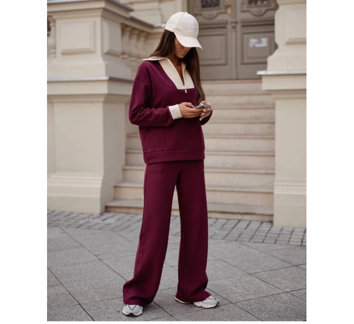 Dámský komplet - mikina se stojáčkem a široké kalhoty s kapsami ve vínové bordó barvě (VE107)