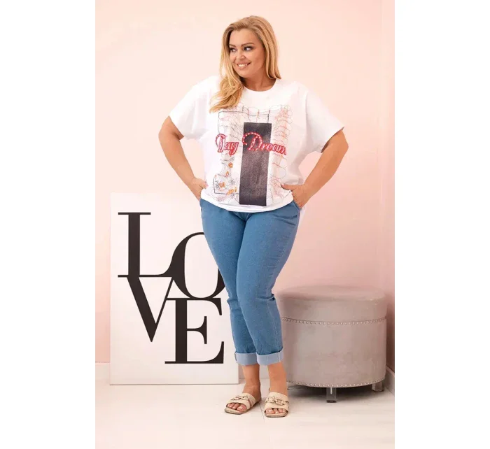 Dámská bavlněná halenka Plus Size s potiskem  bílá + tmavě modrá model 21175963 - K-Fashion