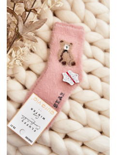 Dětské kožešinové ponožky s medvídkem, růžové