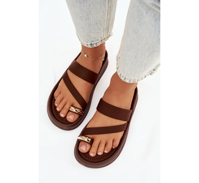 Dámské látkové pantofle s pásky a zlatým detailem čokoládové Farielle