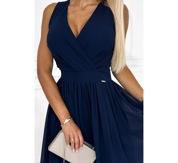 362-7 JUSTINE Dlouhé šaty s výstřihem a kosticemi - ZELENÉ