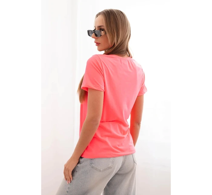 Dámská blůza s krátkým rukávem a nášivkou s perlami neonově růžová