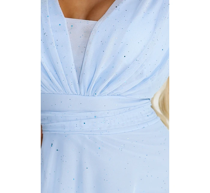 Dlouhé třpytivé šaty plus size 654-3 modré - Numoco