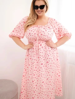 Dámské šaty Plus Size s výstřihem na tkaničky a elastickým pasem cukrová růžová