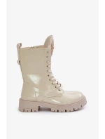Lakované Zateplené Kotníkové Boty Workery s Ozdobou Béžové Kelilea Lakované Zateplené Kotníkové Boty Workery s Ozdobou Béžové Kelilea