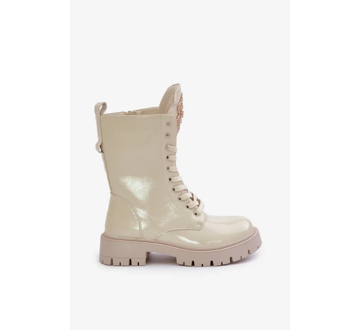Lakované Zateplené Kotníkové Boty Workery s Ozdobou Béžové Kelilea Lakované Zateplené Kotníkové Boty Workery s Ozdobou Béžové Kelilea