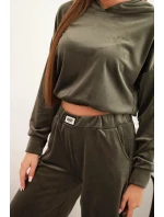 Dámská souprava z veluru s širokými nohavicemi a mikinou s kapucí khaki Dámská souprava z veluru s širokými nohavicemi a mikinou s kapucí khaki