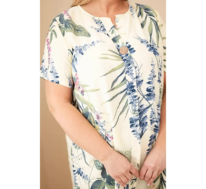 Dámské viskózové šaty Plus Size s krátkým rukávem a výstřihem na knoflíky žlutá