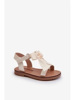 Lakované dětské sandálky s mašlí na suchý zip světle béžové Joratia