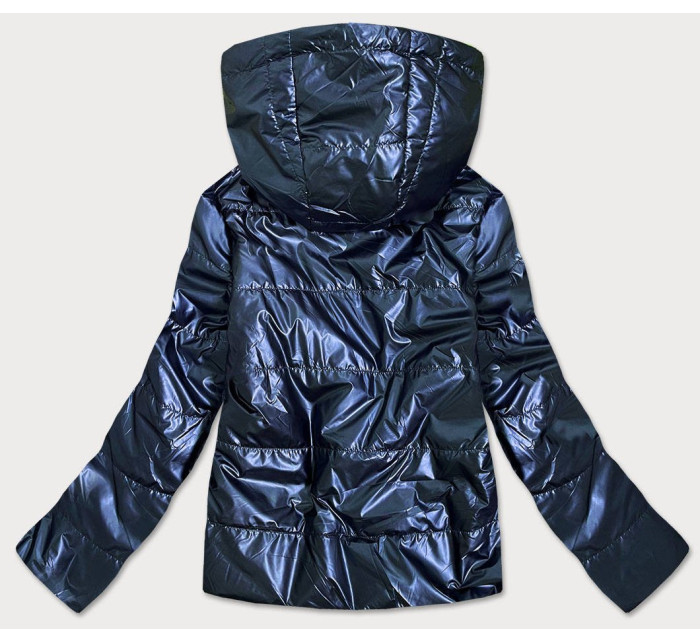 Tmavě modrá lesklá dámská bunda s kapucí (B9575)