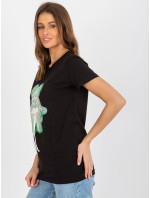 Černozelené bavlněné dámské tričko s aplikací