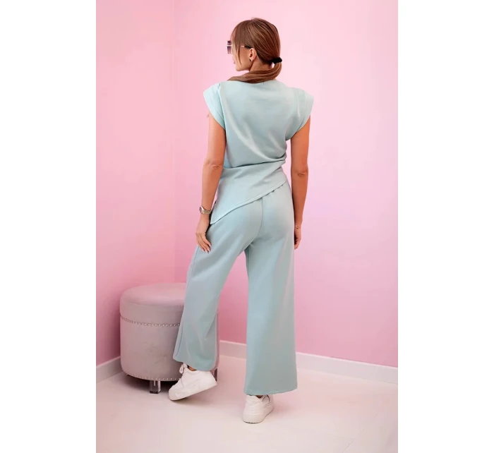 Komplet asymetrická halenka + kalhoty tmavá máta