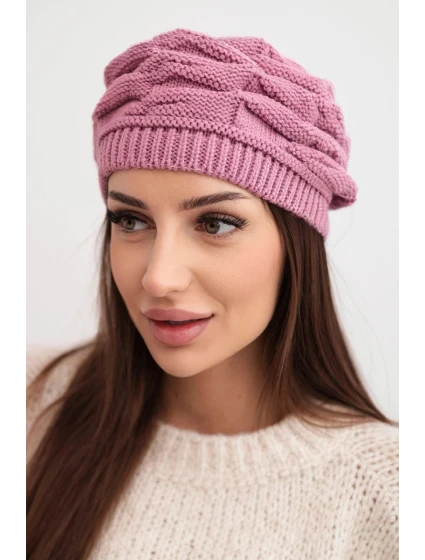 Dámská zimní čepice z vlny s ozdobným pletením a kamínky K397 fialová