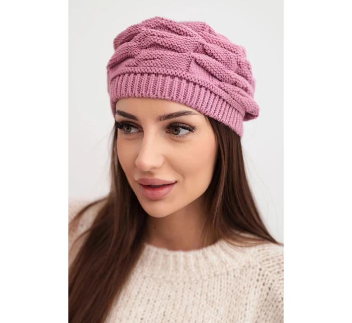 Dámská zimní čepice z vlny s ozdobným pletením a kamínky K397 fialová