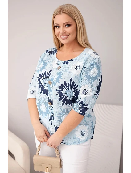 Dámská bavlněná halenka Plus Size s krátkým rukávem a knoflíky modrá