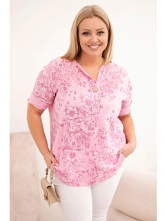 Dámská bavlněná halenka Plus Size s krátkým rukávem a ozdobným knoflíkem světle růžová