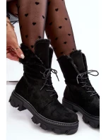Semišové šněrovací pracovní kotníkové boty s kožíškem, černé Frendo