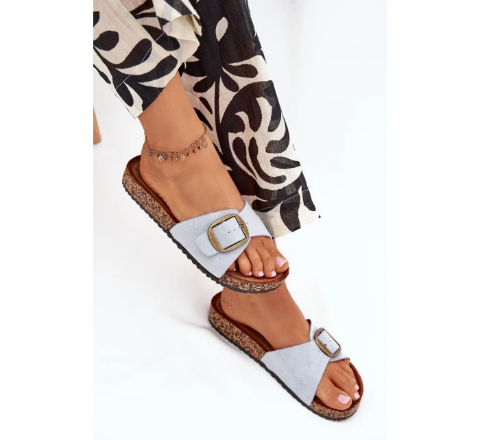 Dámské pantofle s přezkou na korkové platformě – modré Zavira