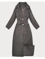 Hnědý pruhovaný dlouhý dámský kabát s páskem S'West (B8542-14)