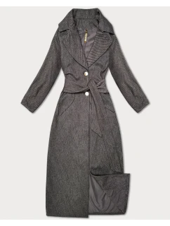 Hnědý pruhovaný dlouhý dámský kabát s páskem model 21322558 - S'WEST