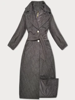 Hnědý pruhovaný dlouhý dámský kabát s páskem S'West (B8542-14)