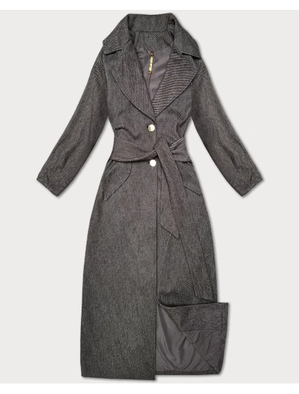 Hnědý pruhovaný dlouhý dámský kabát s páskem S'West (B8542-14)