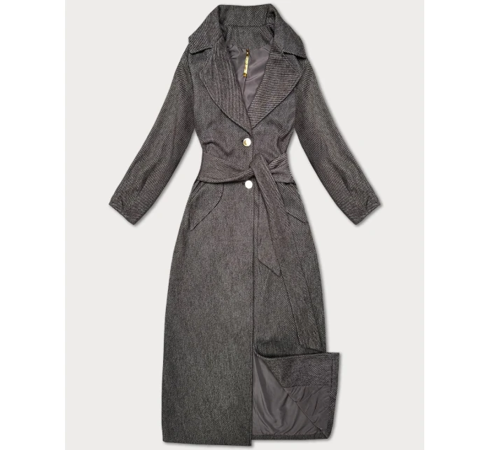 Hnědý pruhovaný dlouhý dámský kabát s páskem S'West (B8542-14)