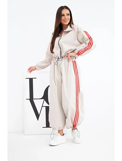 Dámská bavlněná souprava s oversized kalhotami a model 22294706 lampasy béžová - K-Fashion