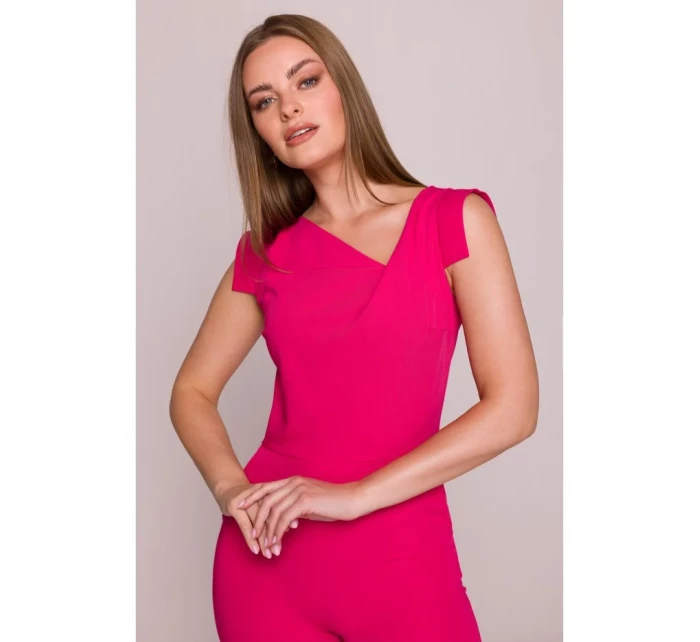 S407 Elegantní overal s asymetrickým výstřihem - růžový