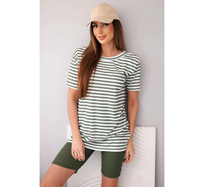 Dámský viskózový pruhovaný komplet s krátkým rukávem a kraťasy khaki