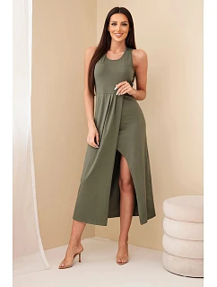 Dámské bavlněné midi šaty bez rukávů s řasením khaki