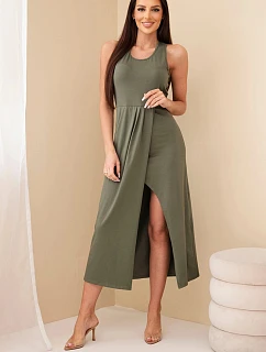 Dámské bavlněné midi šaty bez rukávů s řasením khaki