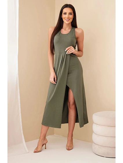 Dámské bavlněné midi šaty bez rukávů s řasením khaki Dámské bavlněné midi šaty bez rukávů s řasením khaki