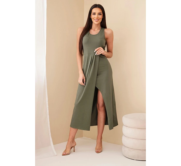 Dámské bavlněné midi šaty bez rukávů s řasením khaki Dámské bavlněné midi šaty bez rukávů s řasením khaki