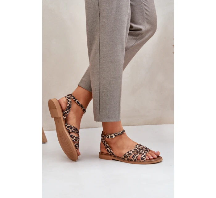 Kožené Dámské Sandály Na Plochém Podpatku Leopardí Zazoo model 21682224 Hnědé - Boto