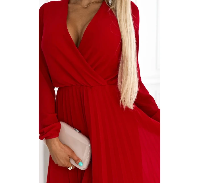 313-13 ISABELLE Plisované šaty s dlouhým rukávem a obálkovým výstřihem - ČERVENÉ