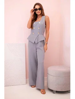 Dámská kombinéza bez rukávů s širokými nohavicemi a ozdobnými knoflíky šedý