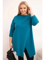 Dámská bavlněná blůza Plus Size asymetrická s ohrnovacími rukávy mořská