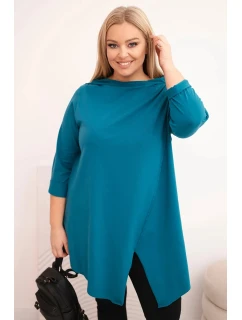Dámská bavlněná blůza Plus Size asymetrická s ohrnovacími rukávy mořská