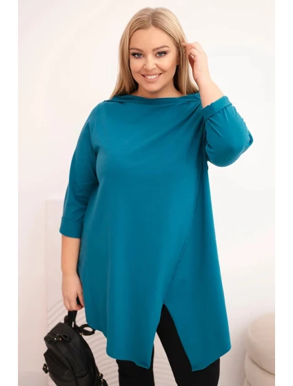 Dámská bavlněná blůza Plus Size asymetrická s ohrnovacími rukávy mořská