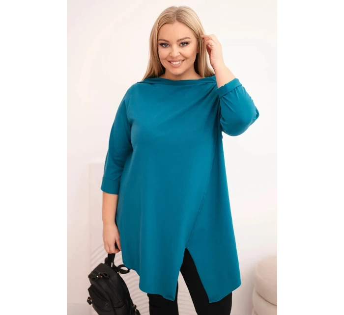 Dámská bavlněná blůza Plus Size asymetrická s ohrnovacími rukávy mořská