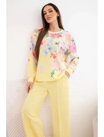 Dámský máslový viskózový komplet s květinovým vzorem se širokými nohavicemi žlutý