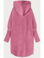 Světle růžový dlouhý vlněný přehoz přes oblečení typu alpaka s kapucí  (908)