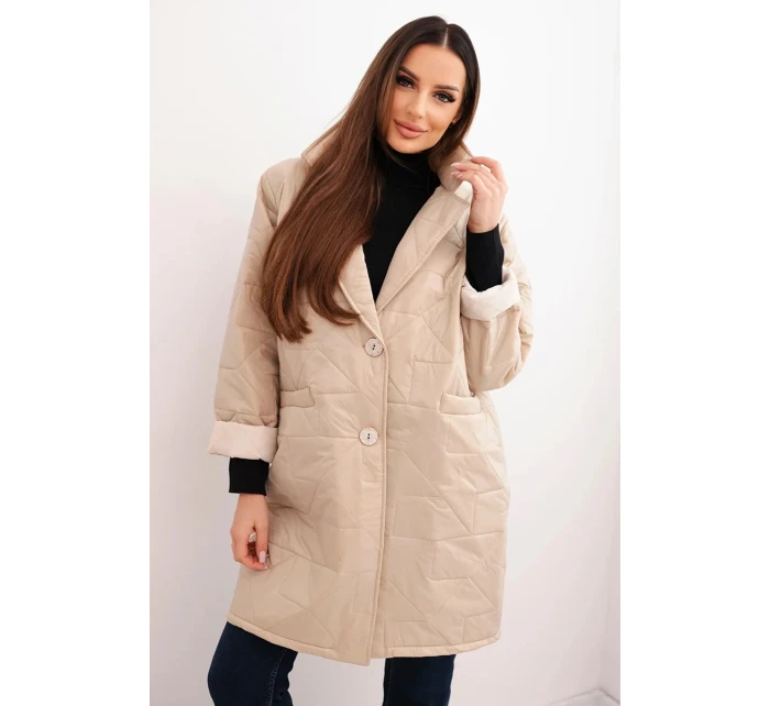 Dámská bunda Plus Size prošívaná s ozdobnými knoflíky a límcem model 21789296 béžová - K-Fashion