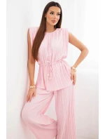 Dámský viskózový plisovaný komplet s vázanou halenkou a širokými kalhotami cukrově růžová