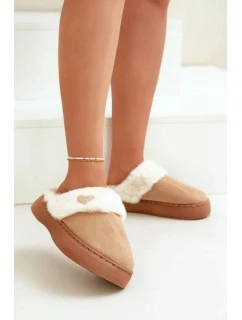 Kapcie Damskie Z Futerkiem I Ozdobnym Sercem Brązowe Otielo