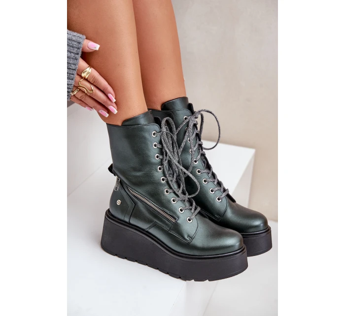 Kožené Botky Workery Na Platformě A Klínu model 21678213 Zelené - Maciejka