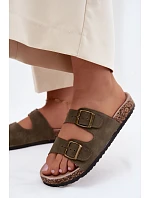 Dámské pantofle s přezkami na korkové podrážce tmavě zelené model 22140697 - Boto