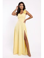 Elegantní večerní maxi šaty s rozparkem a růžemi  žluté model 22141510 - numoco